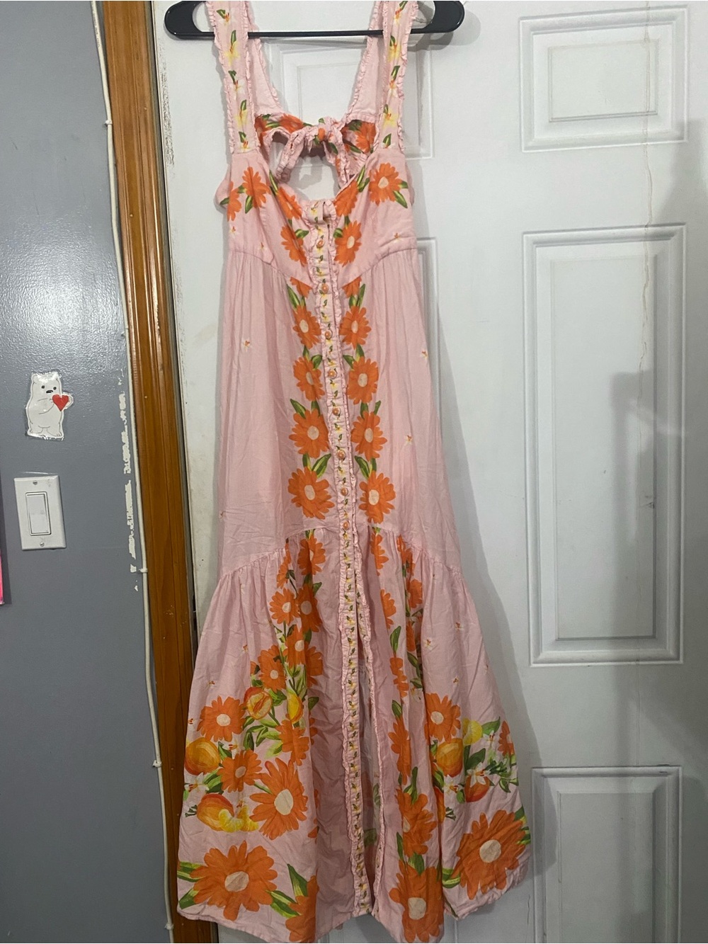 Farm Rio Pink Floral Maxi Dress with Orange Daisy Accents Size Medium